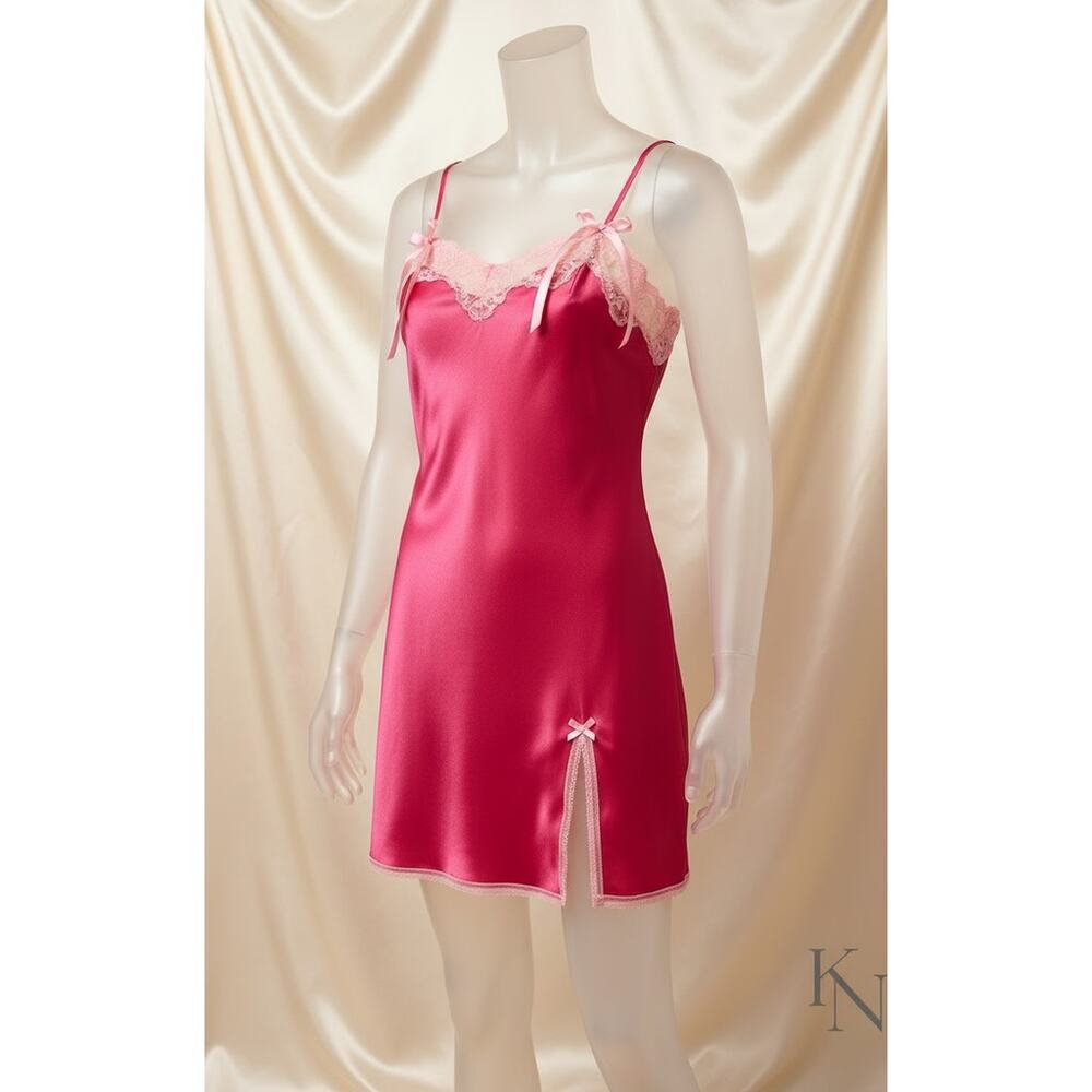 Victoria’s Secret Pink Satin Slip Dress Size Large Lace Trim Chemise Bow Detail
